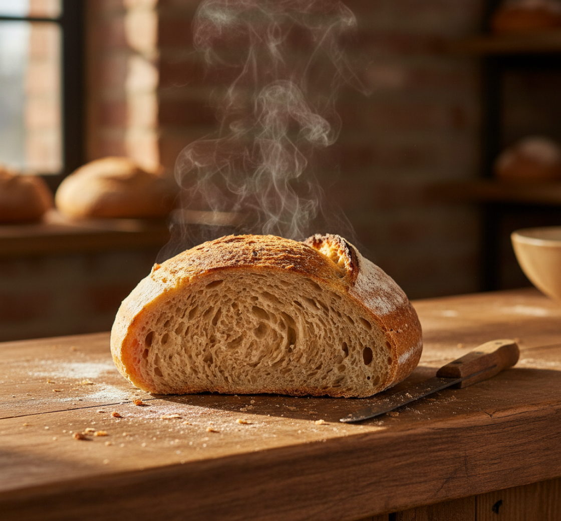 Sliced sourdough on a baker's bench